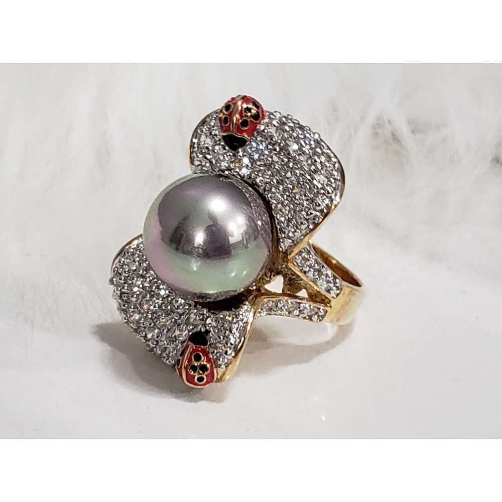 Lauren G Adams SZ 9 Cocktail Ring Ladybug Gray FAUX Pearl Flower Pave Statement